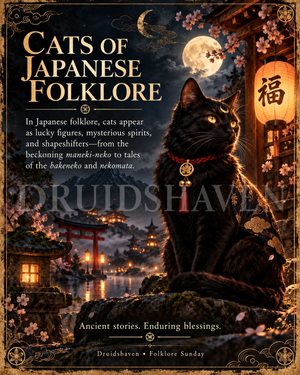 Druidshaven's tweet photo. Japanese folklore gives cats many forms:
Maneki-neko — luck.
Bakeneko — shapeshifter.
Nekomata — supernatural mystery.
Lucky figure, spirit, trickster, omen.
Which one would you least want to meet after dark?
#FolkloreSunday #JapaneseFolklore #Druidshaven https://t.co/pIj0NN6PyD