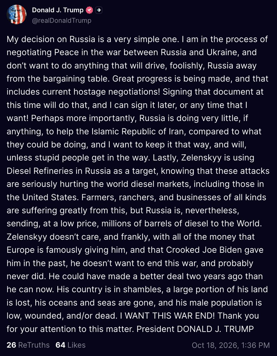 MeidasTouch's tweet photo. Trump is siding with Russia. Again.

He’s attacking Zelenskyy for striking Russian oil refineries, while Russia has been relentlessly bombing Ukraine’s energy grid and civilian targets.

Ukraine actually STOPPED hitting refineries after Trump announced his fake ceasefire, as a show of good faith. Russia kept attacking anyway.

And Trump claims Russia is doing “very little” to help Iran, even though multiple officials have testified that Russia is actively helping Iran.