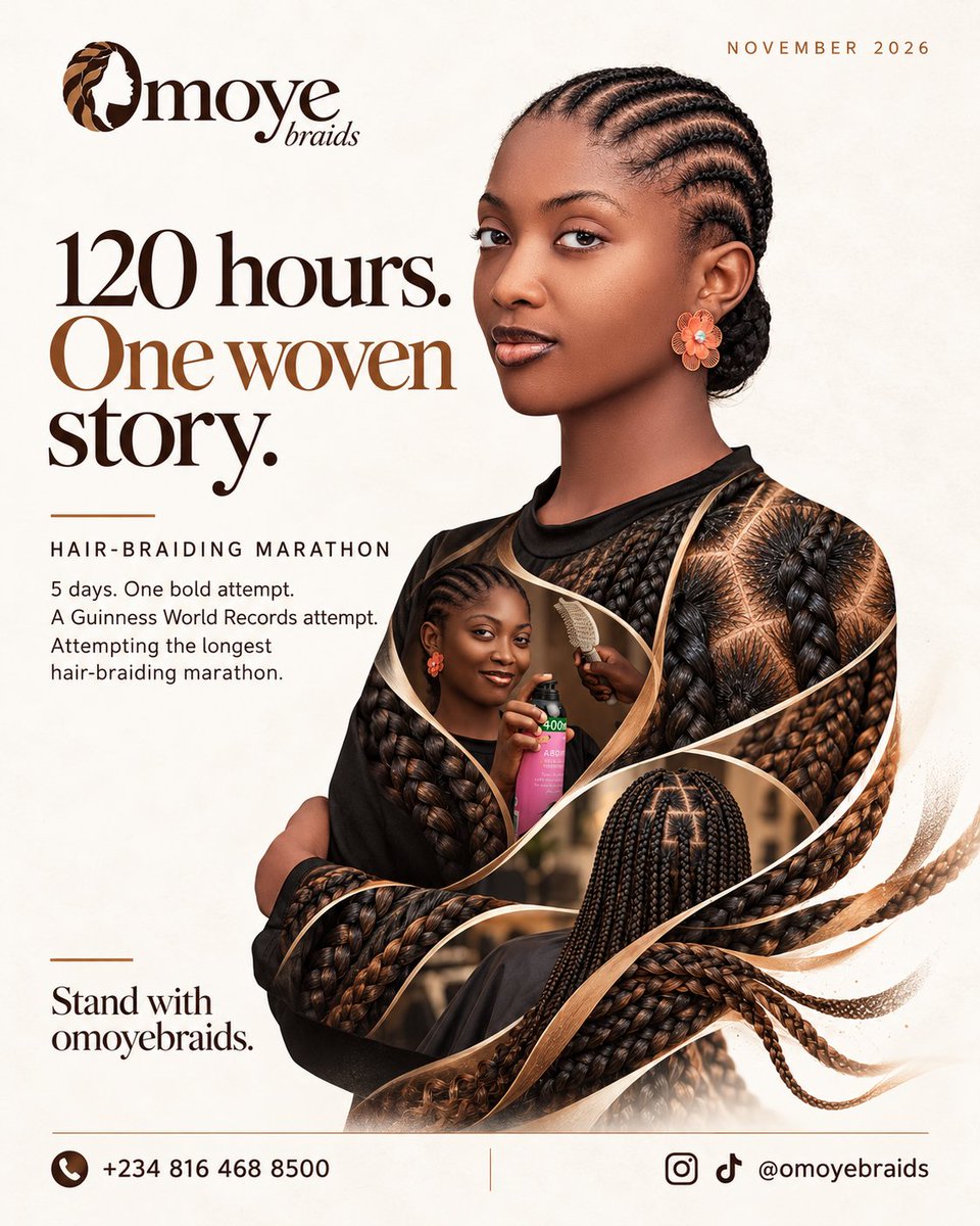 urom_goodluck's tweet photo. Two concepts for Omoye Braids’ 120-hour braidathon attempt.
One spotlights the stylist. The other weaves her craft into the story.
Which one catches your eye—1 or 2? 👀
Need professional designs for your brand, business or event? Send me a DM. Let’s create yours. https://t.co/lu8a6OVK4Y