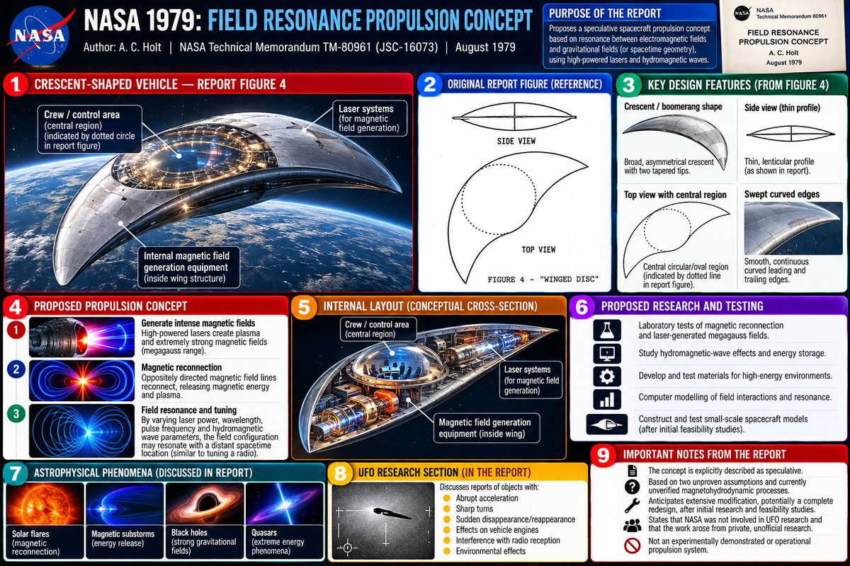 chjkfddd20703's tweet photo. From NASA’s 1979 Field Resonance Propulsion Concept to a 2026 🇺🇸Gravitational-Wave Generator Patent — Are We Seeing a Shared Vision?

#ufotwitter

🚀 Could the future of spacecraft propulsion involve the controlled interaction of electromagnetic fields and spacetime?

Two documents, published nearly 47 years apart, raise an intriguing question about the relationship between electromagnetic energy, gravitational phenomena, field resonance, and advanced propulsion.

🔴 1979 — NASA: Field Resonance Propulsion Concept

NASA Technical Memorandum TM-80961 by A. C. Holt explored a speculative spacecraft propulsion concept involving electromagnetic fields, gravitational phenomena, resonance, and a distinctive crescent-shaped vehicle design.

The proposed concept considered the possibility that intense, controlled fields and resonance effects could interact with spacetime in ways that might eventually be useful for propulsion. The report also discussed powerful laser systems, magnetic-field generation, and hydromagnetic phenomena as elements of its proposed approach.

The central idea was ambitious: could manipulating fields and their interactions provide a route toward propulsion beyond conventional rocket-engine concepts?

🔵 2026 — Gravitational-Wave Generator Patent Application

US20260117754A1, titled System for the Generation of Gravitational Waves, describes a proposed apparatus built around high-voltage electrical discharges, spark-gap plasma, tungsten electrodes, and laser interferometry.

The application proposes generating localized spacetime disturbances and investigating them through changes in optical-path length measured with a Michelson interferometer. It also discusses potential applications ranging from spacecraft propulsion and fusion stabilization to electromagnetic beam control and communications.

The reported interference-fringe shifts are an important part of the application's claims, but they do not, on their own, prove that gravitational waves have been generated. Independent verification and the exclusion of conventional optical and electromagnetic effects would be essential.

🟣 THE CONNECTION — FIELD GENERATION, SPACETIME, AND PROPULSION

The most interesting similarity is the overarching research direction.

Both documents explore the possibility of using deliberately generated physical fields to investigate gravitational or spacetime effects, with advanced propulsion appearing as a potential application.

The underlying questions include:

🔹 Can powerful, time-varying electromagnetic fields produce measurable gravitational effects?

🔹 Could the timing, frequency, phase, or configuration of generated fields create a reproducible resonance effect?

🔹 Could an apparent spacetime signal be distinguished from ordinary electromagnetic interference, heating, optical-path changes, and mechanical vibration?

🔹 If a genuine gravitational effect were confirmed, could it be controlled in a useful way—and could it ever contribute to measurable spacecraft propulsion?

The conceptual comparison provides an interesting starting point for examining how speculative propulsion proposals and modern experimental approaches frame the relationship between field generation and spacetime.

Nearly five decades separate these two documents. Could controlled field generation eventually contribute to new approaches in gravitational physics and propulsion? 

I think we have a answer to question asked above and UFOs we see around the world for soo many decades are our obvious answer.

Sources:

📄 NASA Technical Memorandum TM-80961 (1979):

https://t.co/KKROMWx5m8

📄 US Patent Application US20260117754A1 (2026):

https://t.co/wQBQsPM5Wm