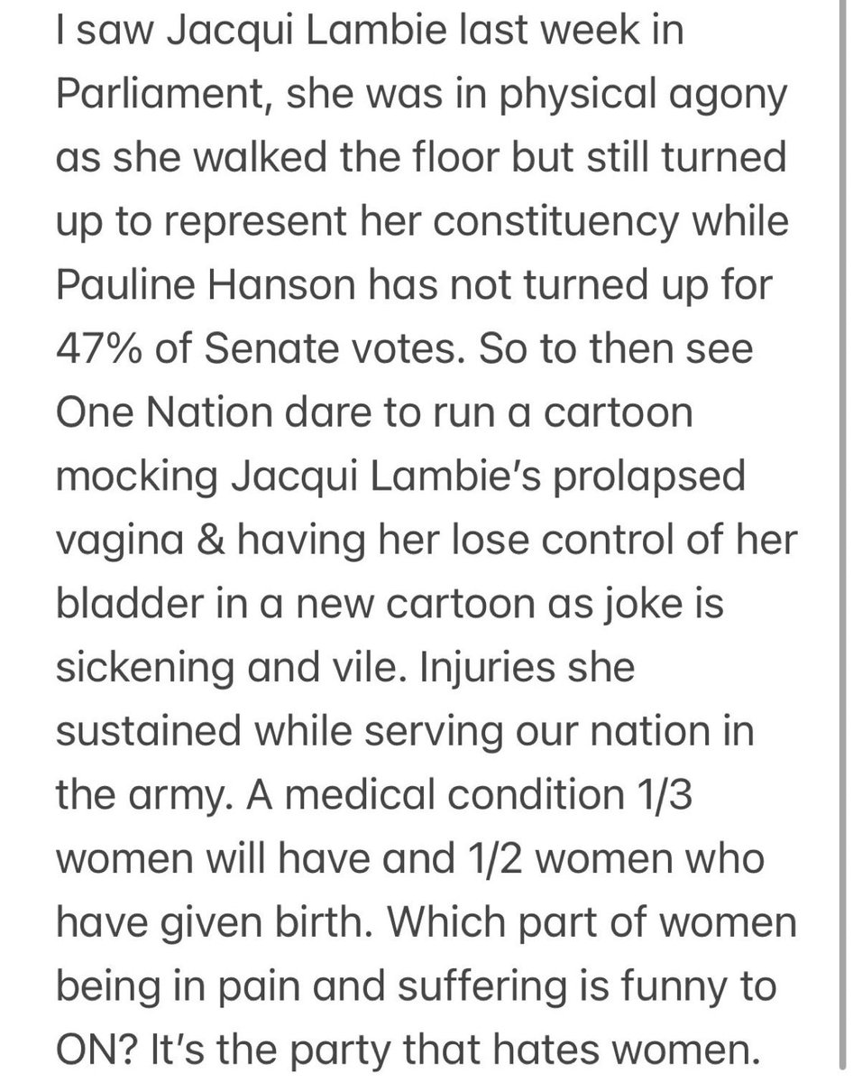JennyPickles1's tweet photo. Morning Women of Twitterverse 👋
Your daily reminder that Pauline Hanson doesn’t care about your prolapsed vagina.
That’s on top of calling child support a “cash cow”, domestic violence “a scam” and maternity leave a “welfare handout mentality”.
#RememberThisNovember https://t.co/vTrrLiIQ4Y
