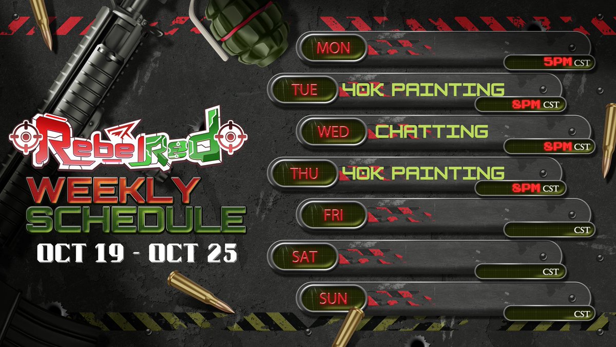 RebelRedVT's tweet photo. 🗓EVERYTHINGS BROKEN!🗓
 OCT 19TH - OCT TH | CST
🔗 https://t.co/k2SIY0fplP🔗
🔗https://t.co/CCQcNRxH0x🔗

😴Mon/Fri/Sat/Sun 
🎨TUE 8PM: 40K PAINTING
🎤WED 8PM: CHATTING
🎨THUR 8PM: 40K PAINTING https://t.co/uAmWcSXQ49
