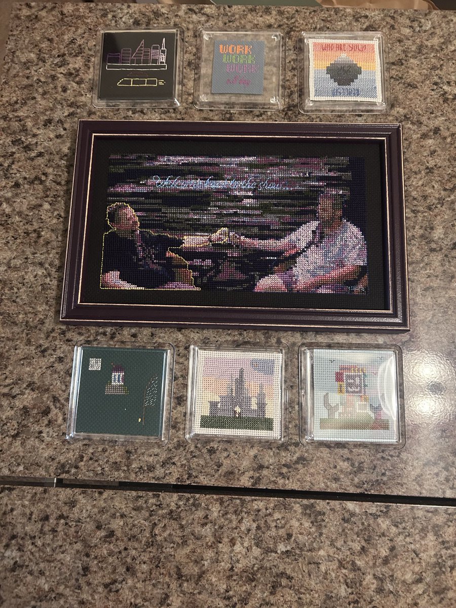 emmabski623's tweet photo. The gang’s all here! I spent 11 months (10/2025 - 9/2026) creating cross-stitch fanart for my favorite hermits. All of them have made such an impact on me the past 6yrs. With my tickets booked, I’m so hyped for TwitchCon! 👾 #hermitcraft #impandskizz #fanart https://t.co/XTinohu4BJ