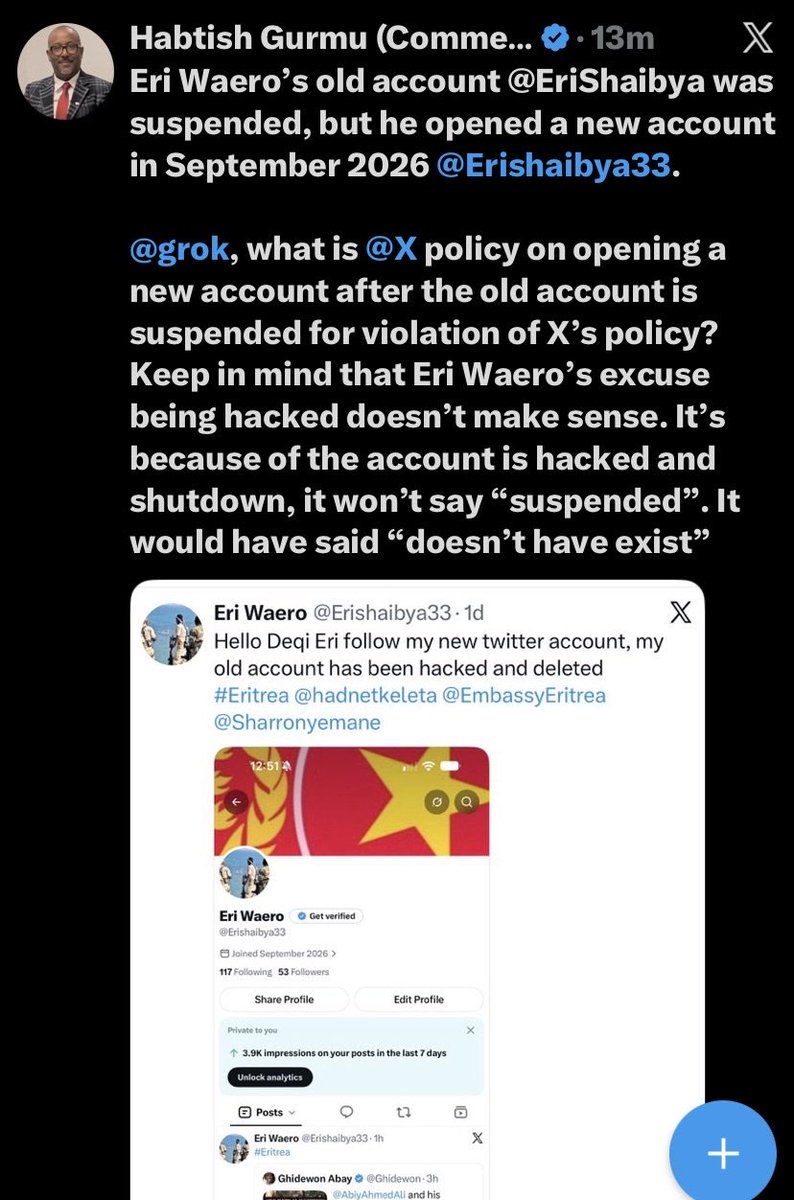 1juxa's tweet photo. Habtamu Gurmu (@Habtishgreat) is now policing Eri Waero for opening a new account after suspension and asking Grok about X policy — while claiming the “hacked” excuse doesn’t make sense.
This is the same person who’s had multiple accounts suspended himself and still keeps coming back with new ones to doxx private numbers, post house listings, and target critics. Rules for thee, not for me.
@X @Safety