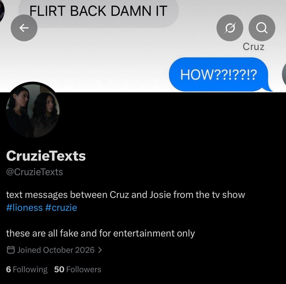 CruzieTexts's tweet photo. 50 followers now! Should I do another one for you?? https://t.co/D6dYiF1hz0