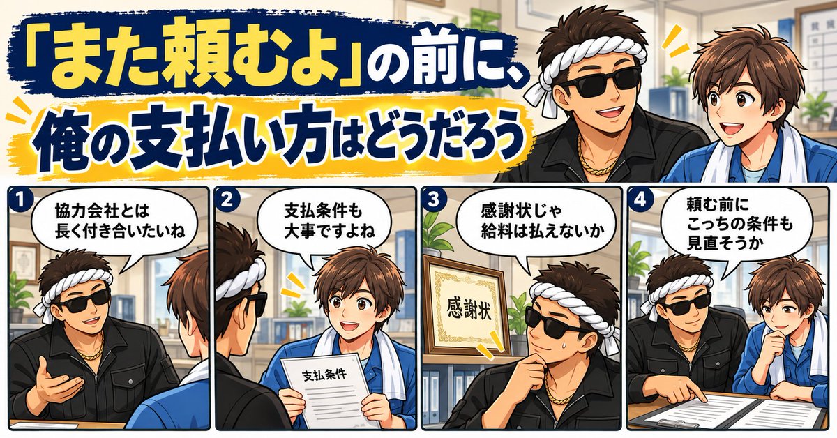 mizukoshi36's tweet photo. 【2026年10月19日（月曜日）｜本日の記事】

「また頼むよ」の前に、俺の支払い方はどうだろう

協力会社を大切にしたい
俺もそう思っています
でも、その気持ちが支払条件にまで届いているかは、別の話なんでしょうね

竹中工務店は10月14日、協力会社への手形払いを廃止し、全額現金払いへ変更すると発表しました

対象は、2026年9月25日以降に締結する新規契約
紙の手形だけでなく、電子記録債権による支払いも対象です

手形は、決めた期日に代金を支払う約束を記したもの
電子記録債権は、その債権を電子的に記録する仕組みです

発表では、直接の協力会社だけでなく、その先の再下請事業者まで含めた取引網を強くする狙いも説明しています

うちはスプリンクラーや消火設備の工事会社です
このニュースは、きれいな方針の話というより、月末の通帳に近い話に感じました

仕事が終わった
請求書も出した
利益も出る予定

それでも、自由に使えるお金がまだ入っていなければ、給料や材料代の支払いは待ってくれない

売上の数字を眺めているだけで給料が払えたら、社長の胃も少し丈夫になるんでしょうけどね

ここからは竹中工務店の実態ではなく、俺が自分の会社に置き換えて考えた話です

俺は、お金を受け取る側でもあり、払う側でもある
受け取る時には、早く使えるお金になってほしい
払う時には、手元に少しでも余裕を残したい

正直、両方の気持ちがあると思います

自分の会社を守る責任がありますから
支払いを早めるなら、その分のお金をどう用意するかも考えないといけない

ただ、自分の通帳に余裕を残すために、相手の通帳を苦しくしていないか
そこは見ないふりをしたくないですね

「協力会社は大切な仲間です」

いい言葉です
でも、材料を手配し、人を集め、仕事を納めてくれた相手にとっては、いつ、どんな方法で代金を受け取れるかも切実です

感謝状はありがたい
ただ、銀行に持っていっても、そのまま給料の振込には使えません

言葉を軽くしたくないなら、お金の渡し方まで考える必要があるんでしょうね

「情けは人の為ならず」と言います

協力会社の資金に余裕ができれば、道具を更新したり、人を育てたりする選択肢も増えるかもしれない
それが次の現場で、自分たちを助けることもあると思います

これは今回の発表で確認された効果ではなく、俺が考える可能性です
現金払いに変えれば、何もかも解決するという話でもありません

俺が気になったのは、その先です

元請から専門工事会社へ
専門工事会社から、その先の協力会社へ

途中で受け取る条件が良くなっても、そこで止めてしまったら
一番先に現場へ来て、手を動かしている人のところまでは届かないかもしれない

受け取る側の時だけ「業界を良くしよう」
払う側になったら「うちにも事情がある」

俺にも事情はある
だからこそ、この使い分けには気をつけたいです

もちろん、支払方法を変えるには経理の準備も要るでしょう
契約や請求の手順を整える仕事もある

社長が方針を発表して終わりで、あとは経理が何とかする
それでは、別の人へ負担を移しただけになってしまう

どの契約から変わるのか
相手への説明はできているか
支払日までに処理が間に合うか

そういう地味な段取りまで含めて、経営の判断なんだと思います

仕事を頼む時、相手の予定は気になる
それと同じくらい、自分が出している支払条件を見ているだろうか

次も来てほしい
長く付き合ってほしい
いい仕事をしてほしい

そう思うなら、「また頼むよ」と言う前に、こっちの条件も一度読み直したいですね

相手には、仕事の段取りだけでなく、お金の段取りもあるんですから

📚 消防設備屋の社長が、一から勉強してみた。

消防・建築から、お金・健康・歴史まで。水越設備がお届けする全20巻、すべて無料です。

気になるテーマから、どうぞ。

https://t.co/evp3pY3eLl

#建設業 #協力会社 #企業経営