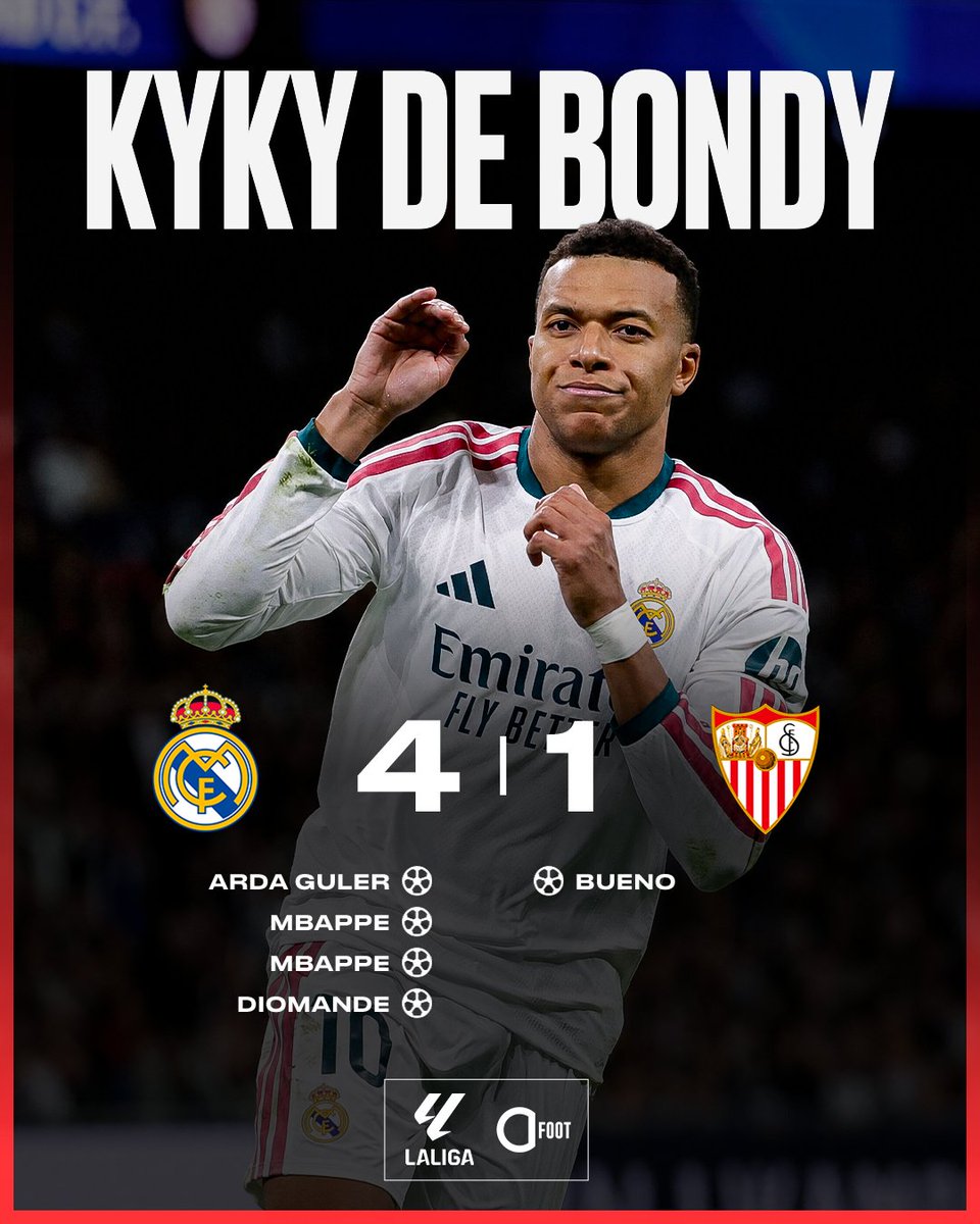 ActuFoot_'s tweet photo. 🚨🚨 LE REAL MADRID SÉDUIT CE SOIR FACE À SÉVILLE !!! 4-1 !!! 🤍✅

LES STARS OFFENSIVES ONT RÉPONDU PRÉSENTES 👇 :
⚽️⚽️ Mbappé 🇫🇷
⚽️🎯 Diomandé 
⚽️ Arda Güler 🇹🇷
🎯 Bellingham 🏴󠁧󠁢󠁥󠁮󠁧󠁿

Prochaine étape en Liga ? LE CLASICO. AU CAMP NOU. AVEC 6 POINTS DE RETARD. 🍿

C’est là qu’il faudra voir le Real Madrid de José Mourinho. 🙌
