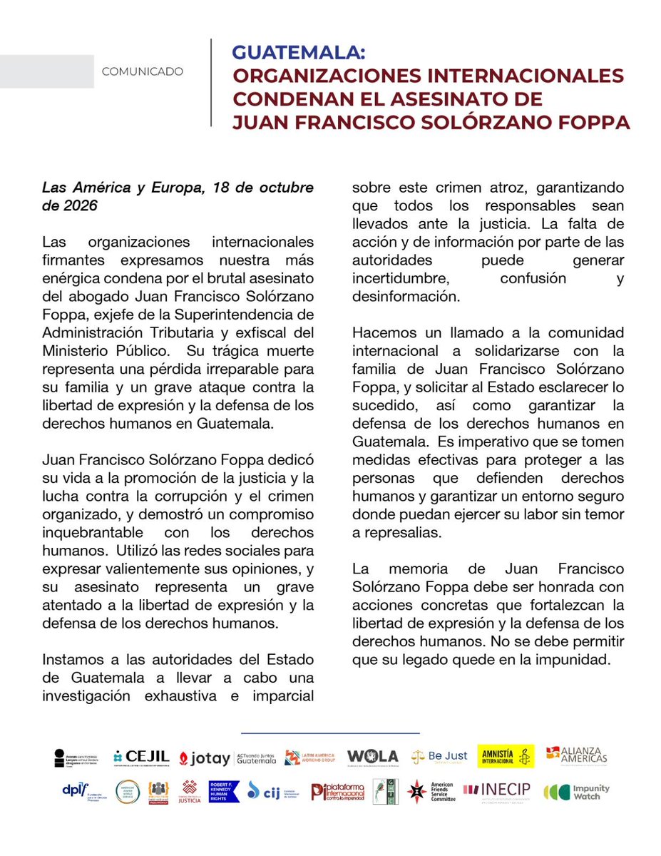 cejil's tweet photo. 🔴#Guatemala | Organizaciones internacionales condenamos el asesinato de Juan Francisco Solórzano Foppa.  Instamos a las autoridades del Estado de Guatemala a llevar a cabo una investigación exhaustiva e imparcial sobre este crimen atroz, garantizando que todos los responsables sean llevados ante la justicia.

La memoria de Juan Francisco Solórzano Foppa debe ser honrada con acciones concretas que fortalezcan la libertad de expresión y la defensa de los derechos humanos. No se puede permitir que su legado quede en la impunidad.