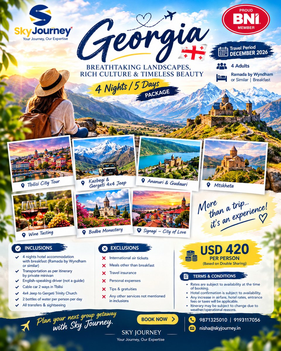 sualkiier's tweet photo. Explore Georgia this December: Tbilisi, Kazbegi, Gudauri, Mtskheta, Signagi and wine tasting. 4N/5D | 4 Adults | Breakfast | Private minivan
Ramada by Wyndham or similar
USD 420 per person

Plan your group getaway with Sky Journey. https://t.co/dikn9QeLky