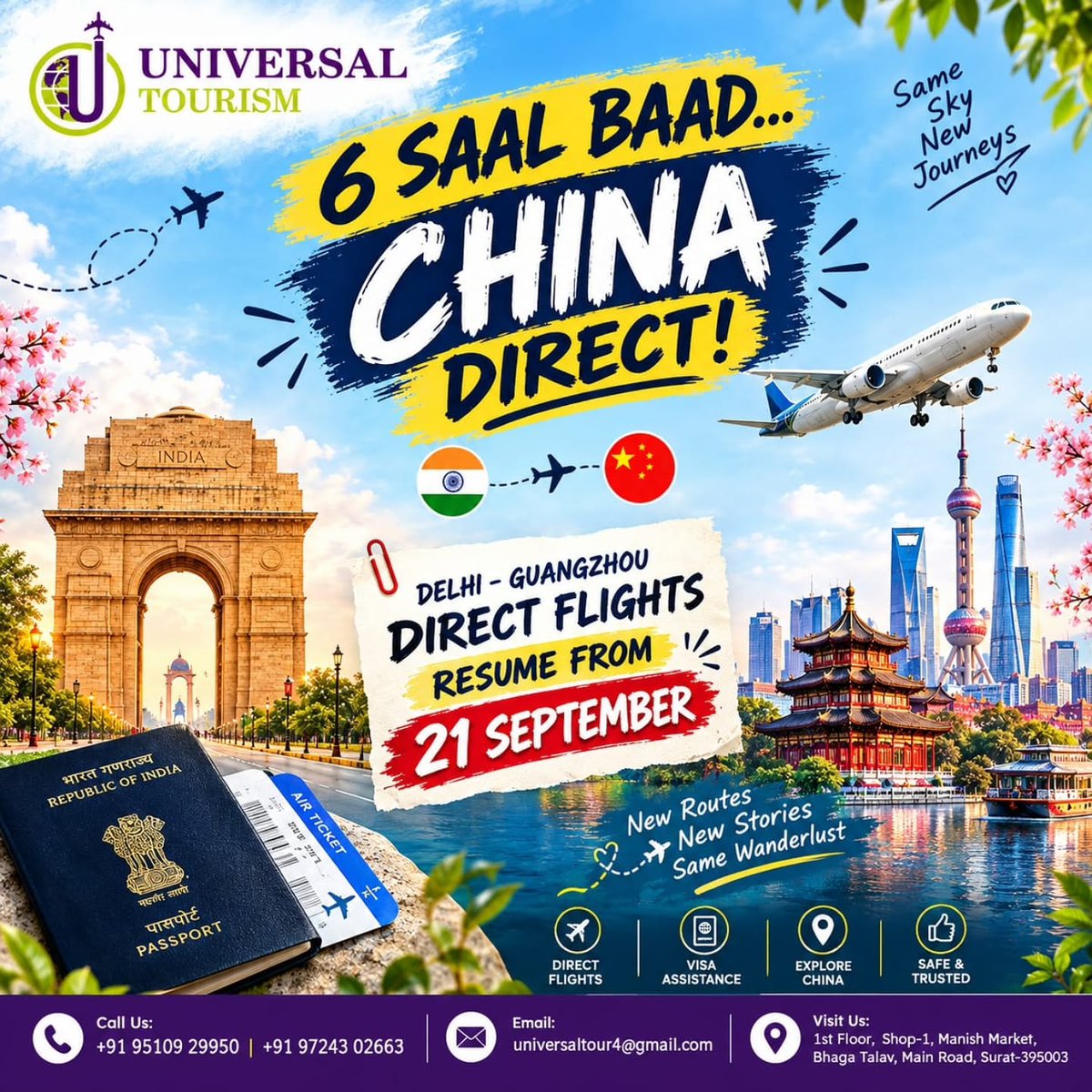 rafaelwilles's tweet photo. China direct is back. Delhi-Guangzhou direct flights resume from 21 September after 6 years. Plan your journey with flight and visa assistance from Universal Tourism. https://t.co/03dBwYwMpL