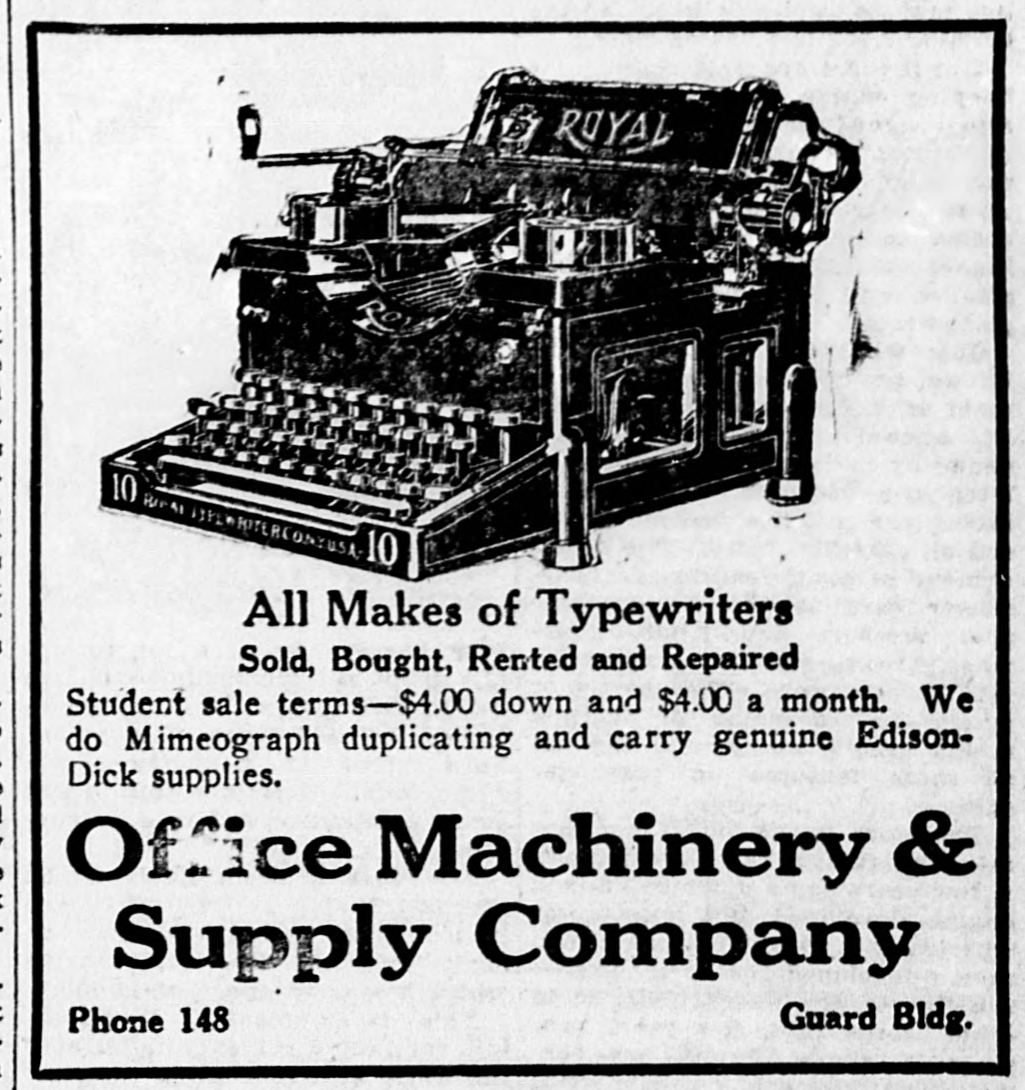 America100Yrs's tweet photo. October 24: Student typewriter sales: $4 down and $4 a month. Eugene's Office Machinery &amp; Supply Company advertised all makes for sale, rent or repair, plus mimeograph duplicating. A Royal machine illustrated the offer. https://t.co/gx5Xs2diQt