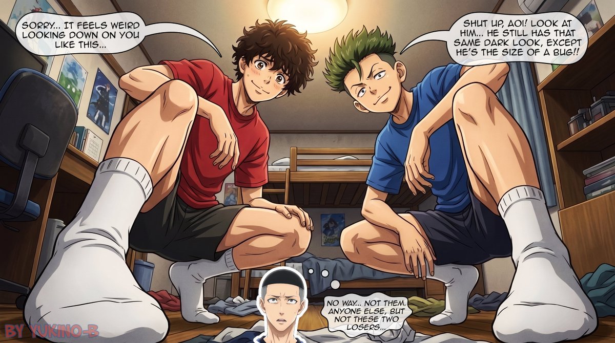 Yukino__B's tweet photo. 🧦⚽️ Mysteriously miniaturized, Akutsu creeps into Aoi and Ōtomo's room. As both boys crouch down to inspect him, Ōtomo openly mocks their upperclassman, leaving Akutsu utterly furious at their dominance.

#AIart #sizetwitter #giantman #macrophile https://t.co/KVyCTavUYA
