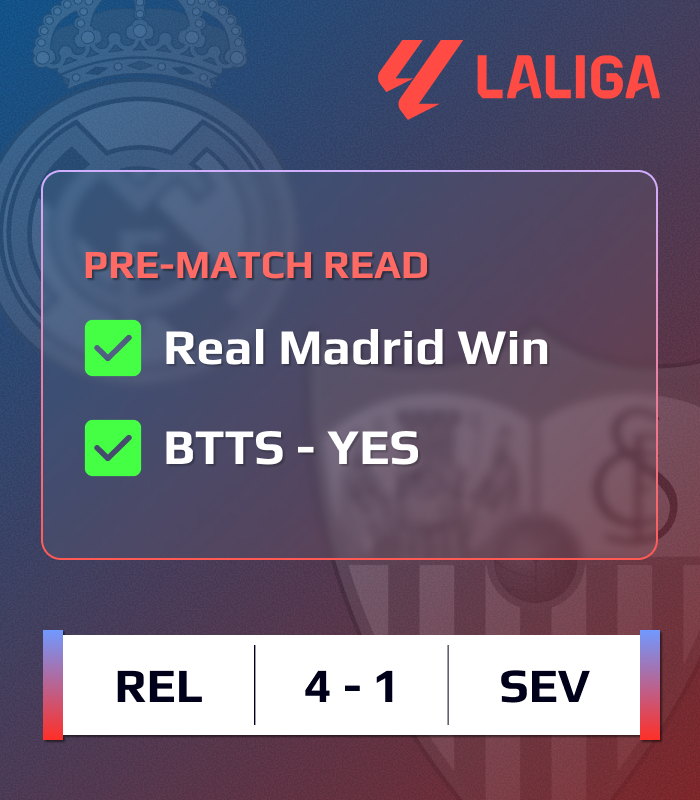 DanleL_Nim's tweet photo. Real Madrid 4-1 Sevilla

Sevilla stuck to tradition and got thrashed by another Spanish giant...

This poor run is dragging on for far too long! Just this season, they've conceded 10 goals combined against Barcelona, Atletico Madrid and now Real Madrid. At least they've managed to score against all three!

Congrats to Real Madrid! A very convincing performance at home!