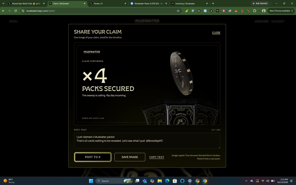Chap1nn's tweet photo. I just claimed 4 Mudwater packs!
That's 40 cards waiting to be revealed. Let's see what I pull. @BoredApeYC https://t.co/QoQhPJsNX9