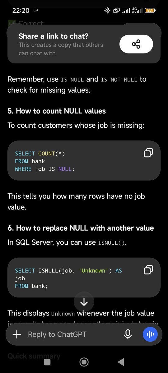 ud_shalom's tweet photo. Day 17/30 💻
Today, I practiced "IS NULL" and "COUNT()" to find customers with missing job values and count how many there are.
I was exhausted and couldn’t meet up yesterday, but we move again this week 🥹❤️
Keep showing up. Jesus loves you! 🙏🏽
#30DaysOfSQL #DataAnalytics https://t.co/rB15JUEvO5