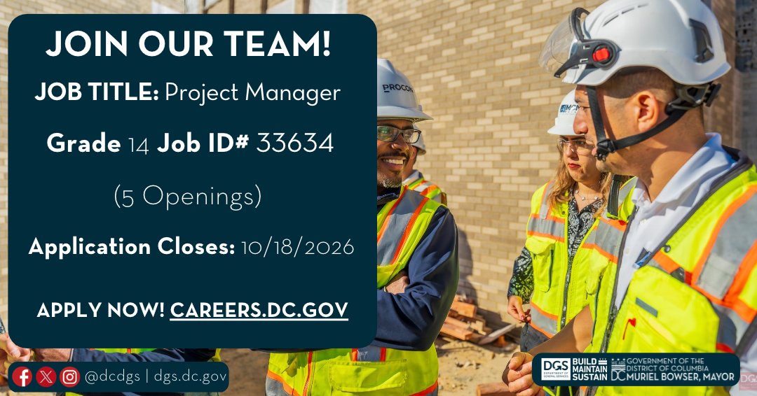 DCDGS's tweet photo. 🚨Clock is ticking! Apply NOW at https://t.co/cPkaSMjuSY to join our Capital Construction Division as a Project Manager. Help us deliver key projects across the District and shape the future of our city's infrastructure! 

#DCJobs #Hiring https://t.co/WHFud3dqdD