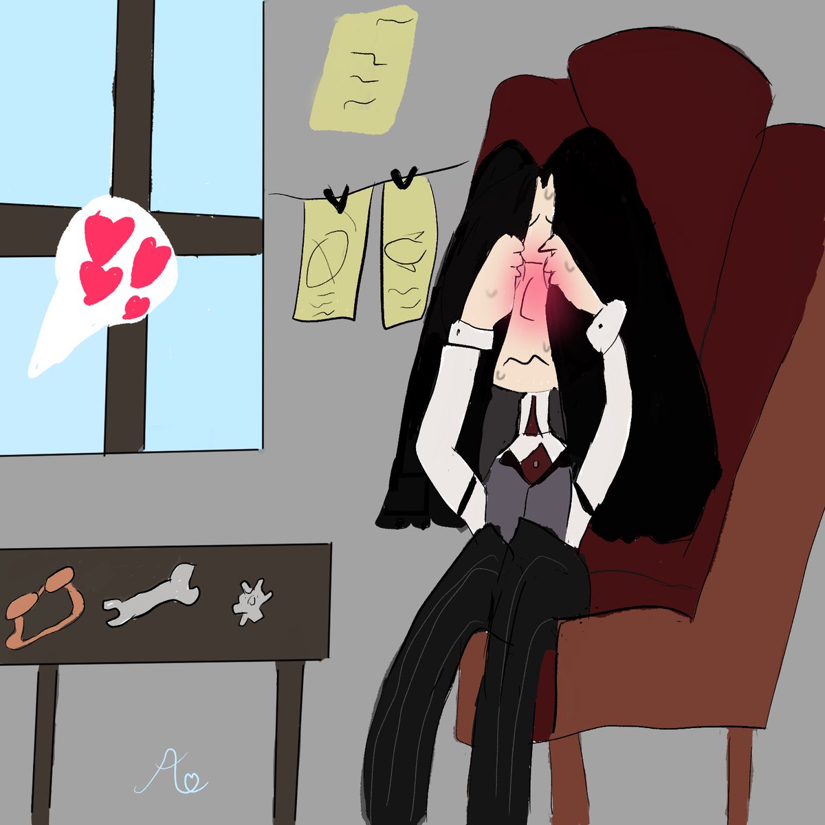 RayOfFantasy's tweet photo. Turns out, Sir Pentious' hair was perfect for covering his blush even back then as Pendleton!
Really adorable! 🥰
#HazbinHotel #SirPentious #Pendleton #FanArt #Hellaverse https://t.co/LDgY11jbPR