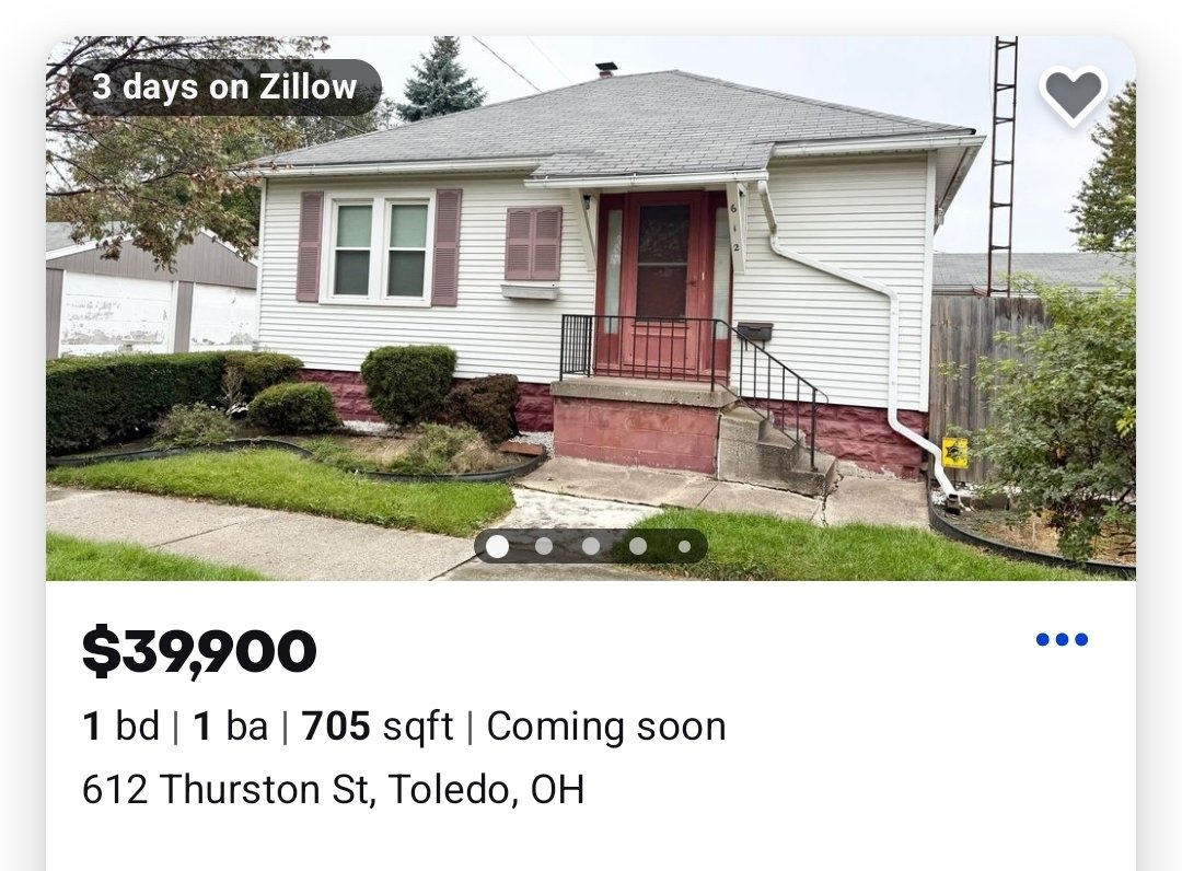Thefrugalgay11's tweet photo. If I were starting over today at 44, here’s what I’d do.

I’d start with a house like this. $39,900 in Toledo, Ohio.

1. I’d stop whining about how expensive everything is and start looking at what I could actually afford.

2. I’d get a part-time second job or do Rover. I’d list the shit I wasn’t using on Facebook Marketplace or eBay. And I’d stack cash.

3. I’d look for the lowest point of entry in my market with room to improve. This house is currently a one-bedroom. I’d figure out what it would take to turn it back into two.

4. I’d ditch the expensive debt, cook at home, and put in the 6–12 months of effort to get myself ready to buy.

5. I’d aim for 20% down. On this house, that’s $7,980. I’d also save for closing costs, repairs, and a cushion for whatever breaks first.

6. I’d live in it for two years. Turn it back into a two-bedroom. Improve it a little at a time. Finish the basement if it made sense. I’d rent the extra bedroom and put that money toward the work.

7. At the two-year mark, I’d look at selling. I’d want it to be the nicest house a buyer could get at that price. I’d run the numbers before deciding whether moving actually put me ahead.

8. I’d use the proceeds to buy something a little larger or nicer. And I’d repeat until I got to the house I wanted to stay in.

I did this over 12 years. That’s how I got into the neighborhood and house I plan to stay in.

I worked a part-time job at Ross. I sold on eBay. I put in the effort, and I lived in houses that needed work while I worked on them.

My first house wasn’t my forever home. It was what got me started.