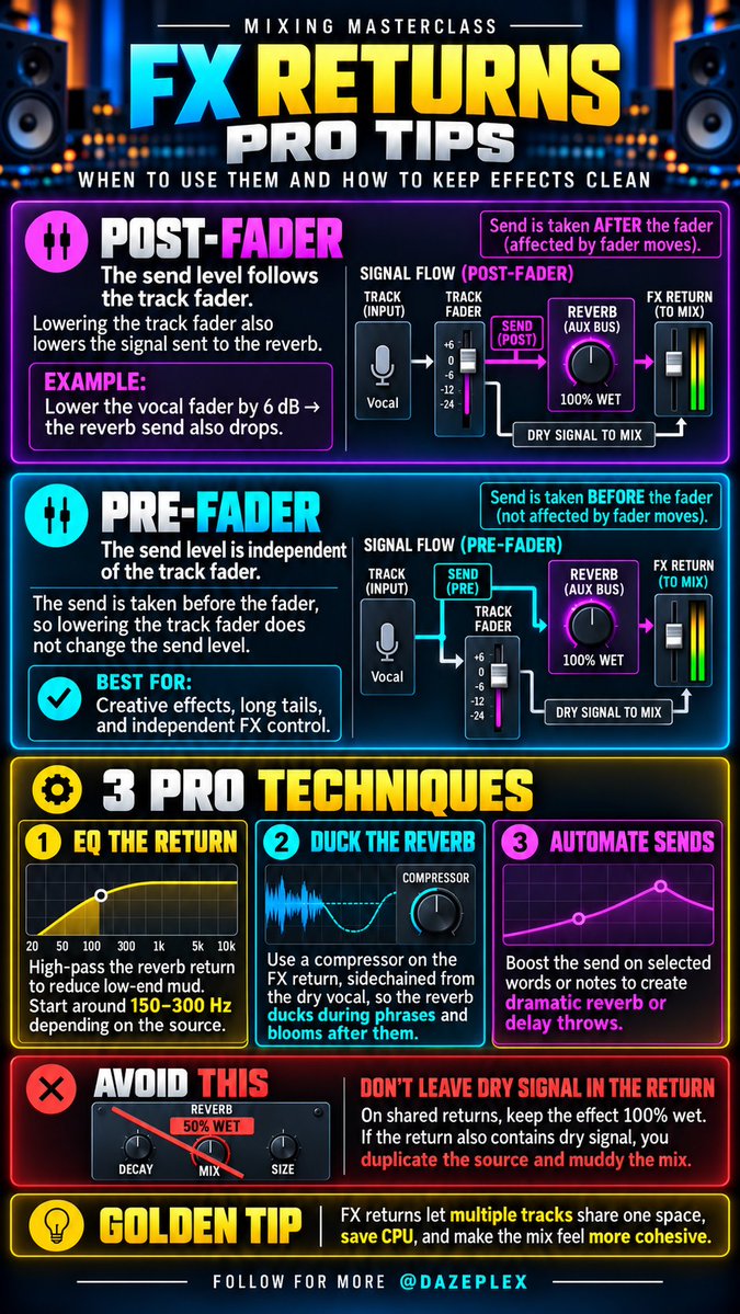 dazeplex's tweet photo. 🎛️ 3 PRO FX RETURN TECHNIQUES:

1️⃣ EQ your reverb return to remove low-end mud.
2️⃣ Sidechain compression to duck reverb during vocals.
3️⃣ Automate sends for dramatic delay and reverb throws.

💡 Keep shared FX returns 100% wet!

#AudioMixing #MusicProduction https://t.co/tiDIHu6eA6