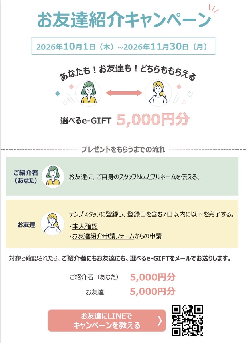 15_flytothemoon's tweet photo. 【テンプスタッフ　友達紹介】

パーソルテンプスタッフに友達紹介で登録すると登録した人も紹介した人にも #選べるeｰGIFT がもらえます。

ご希望の方はDMとリプください。

#パーソル  #友達紹介 #派遣 https://t.co/CiwGmaMzWH