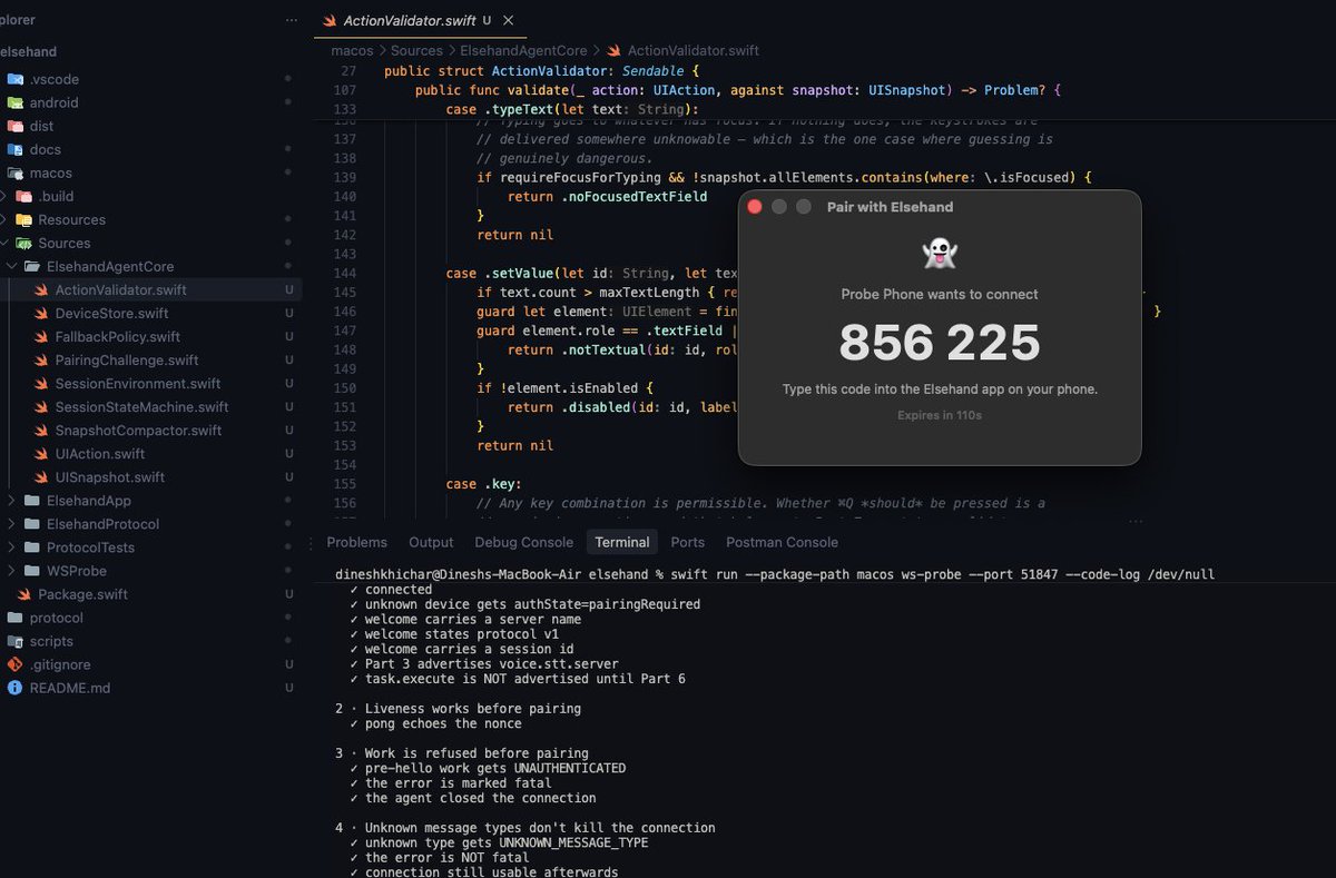 dnesh_4582's tweet photo. ElseHand lets your phone control your Mac. Pairing starts with a six-digit code shown on the Mac and entered on your phone.

The code itself never travels over the network. Sharing Wi-Fi doesn't mean someone can see it.

#BuildInPublic #IndieDev #AndroidDev #macOS #App #ElseHand https://t.co/qdOQycYeUk