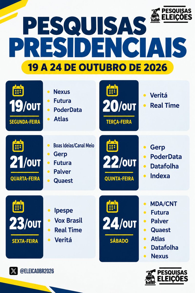 EleicaoBr2026's tweet photo. Calendário de pesquisas eleitorais na última semana !! https://t.co/WQEncIYHt6