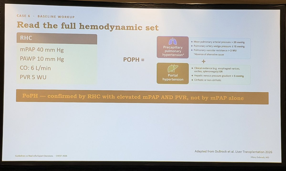 NaomiHabib's tweet photo. Expert Insights, from Data to Real World: POPH — Can be due to portal hypertension, cirrhotic or non-cirrhotic.  Pay close attention to hemodynamics, an otherwise “normal” CO is often relatively low for portal hypertension patients who usually have hyperdynamic CO at baseline.  #CHEST2026 #CHESTSoMe @accpchest @CHESTPulmCardio