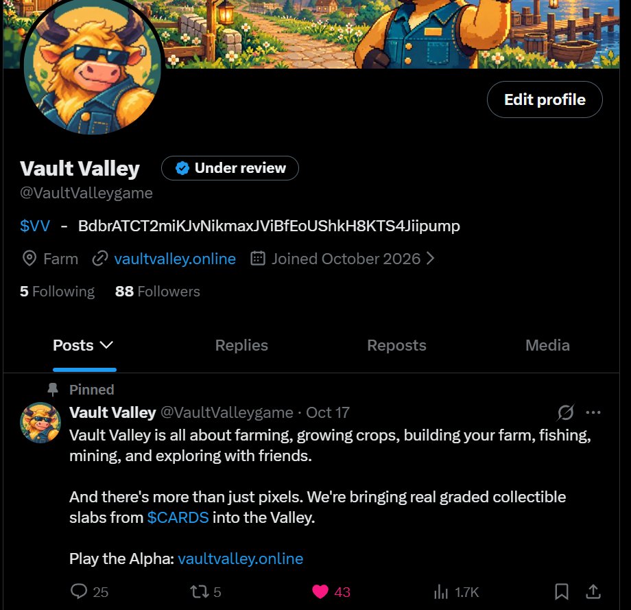 VaultValleygame's tweet photo. ⏳ Vault Valley's X verification checkmark is currently pending approval.

We're waiting for X to complete the review. In the meantime, all official game updates and announcements will continue here.

Thank you for your patience! https://t.co/9QerujHVEf
