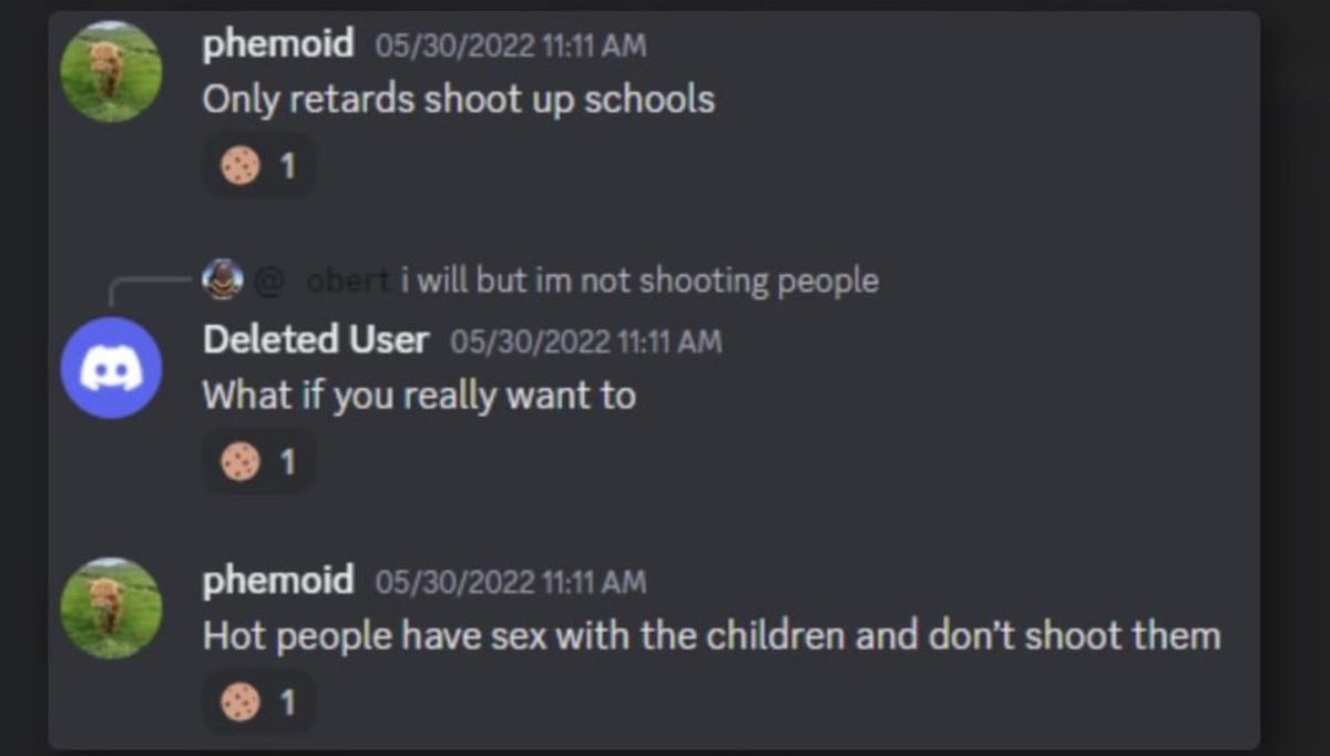 NguruPewul's tweet photo. Lavlune, also known as FoidElf, has leaked Discord logs circulating right now that go way beyond the dog clip and Moistcr1tikal drama. July 21st 2022, she tells a friend she was at a pool compulsively staring at a young girl, that her bathing suit shifted and she could see the side of the girl's vagina, that she thought the girl was probably twelve, and that she was "curious about their genitals... in a curious way." She frames it as OCD and intrusive thoughts. 

May 30th2022, under the name phemoi (which was her long running Twich username: "Only retards shoot up schools." "Hot people have sex with the children and don't shoot them." June 8th: "When the wine starts tasting like was the holocaust real." "Only one Jew does that mattered anyway." "Anne was thirteen." "Imagine how pure and tight."