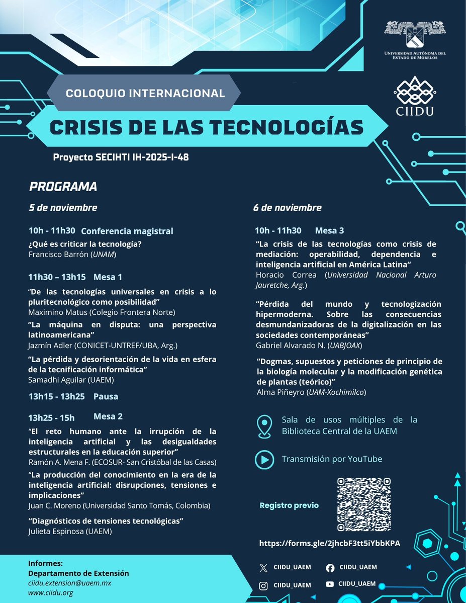 yierva's tweet photo. El próximo 5 de noviembre presento "¿Qué es criticar la tecnología?" en el Coloquio internacional Crisis de las tecnologías del CIIDU UAEM. #SeminarioTF https://t.co/RtFSwABOCH