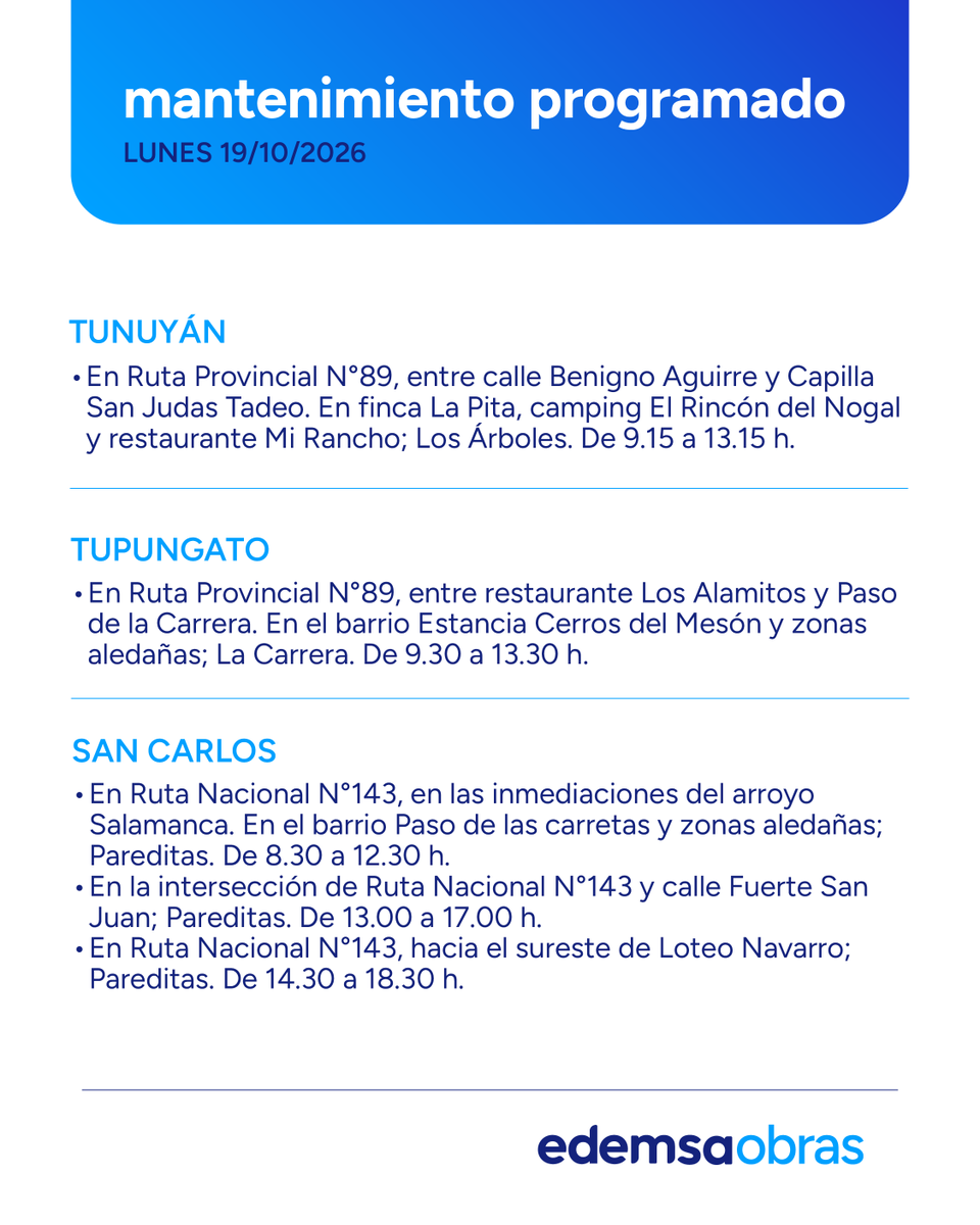 Edemsa's tweet photo. ⚠️ Mantenimiento Programado #Edemsa
Lunes 19 de Octubre.
Afectación del servicio en las siguientes zonas y horarios.
Recordá que podés consultar el #Mantenimiento2026 en nuestra web https://t.co/dXA7e8Bp7r https://t.co/RPl07KaYSB