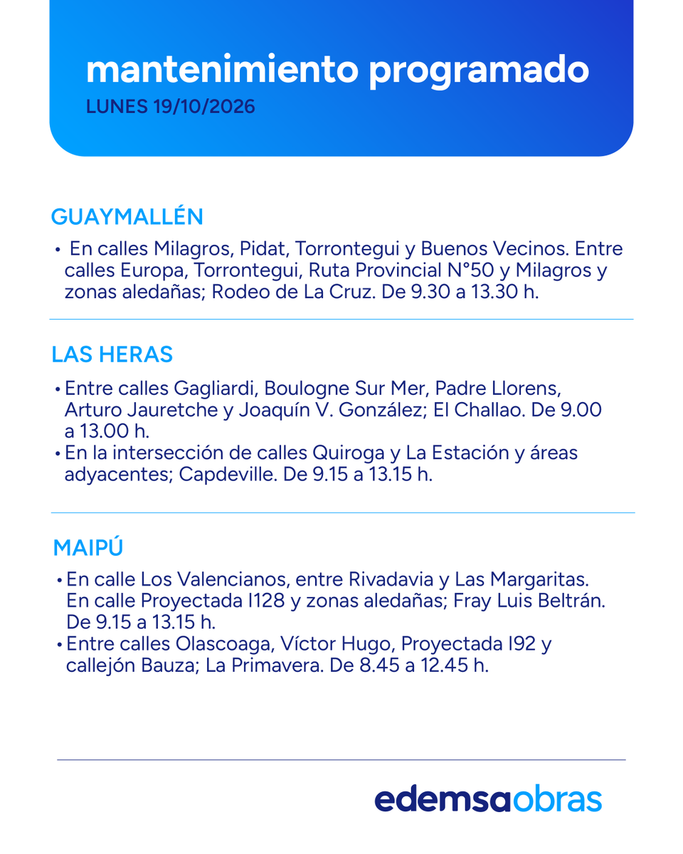 Edemsa's tweet photo. ⚠️ Mantenimiento Programado #Edemsa
Lunes 19 de Octubre.
Afectación del servicio en las siguientes zonas y horarios.
Recordá que podés consultar el #Mantenimiento2026 en nuestra web https://t.co/dXA7e8Bp7r https://t.co/RPl07KaYSB