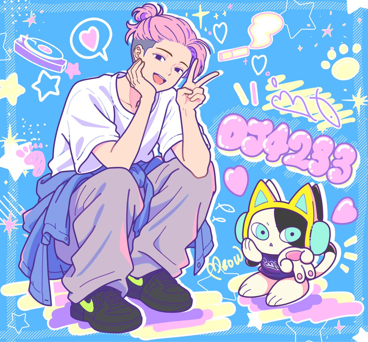 dj4233meow's tweet photo. おはようさん☀️
原宿系？の可愛いDJ🐾と可愛いヤニカス👣

お題「原宿系みたいな可愛い感じの絵柄」
お題ありがとうございました！
#dj4233 #イラスト #kawaii https://t.co/97D8Fkdi90