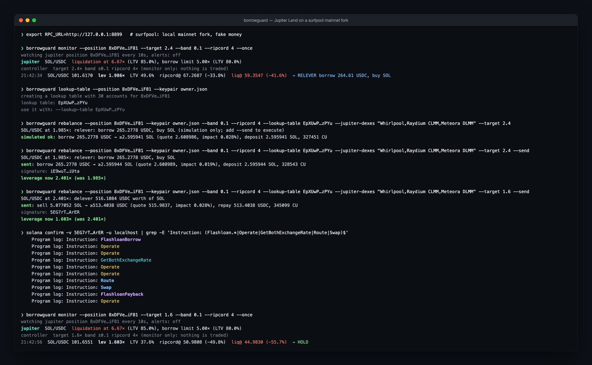 anshu_code's tweet photo. Just open sourced BorrowGuard 🦀: a Rust bot that guards your @solana loans from liquidation

→ Watches Kamino, Jupiter Lend and marginfi
→ Auto rebalances on Kamino + Jupiter Lend
→ One atomic tx each: flash loan → swap → repay
→ Emergency deleveraging + Telegram / Discord alerts
→  Real time via polling, websocket or Yellowstone gRPC
→Tested on a mainnet fork

Github 👇