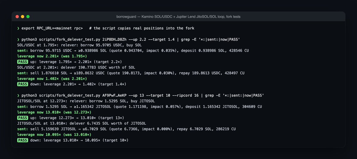 anshu_code's tweet photo. Just open sourced BorrowGuard 🦀: a Rust bot that guards your @solana loans from liquidation

→ Watches Kamino, Jupiter Lend and marginfi
→ Auto rebalances on Kamino + Jupiter Lend
→ One atomic tx each: flash loan → swap → repay
→ Emergency deleveraging + Telegram / Discord alerts
→  Real time via polling, websocket or Yellowstone gRPC
→Tested on a mainnet fork

Github 👇