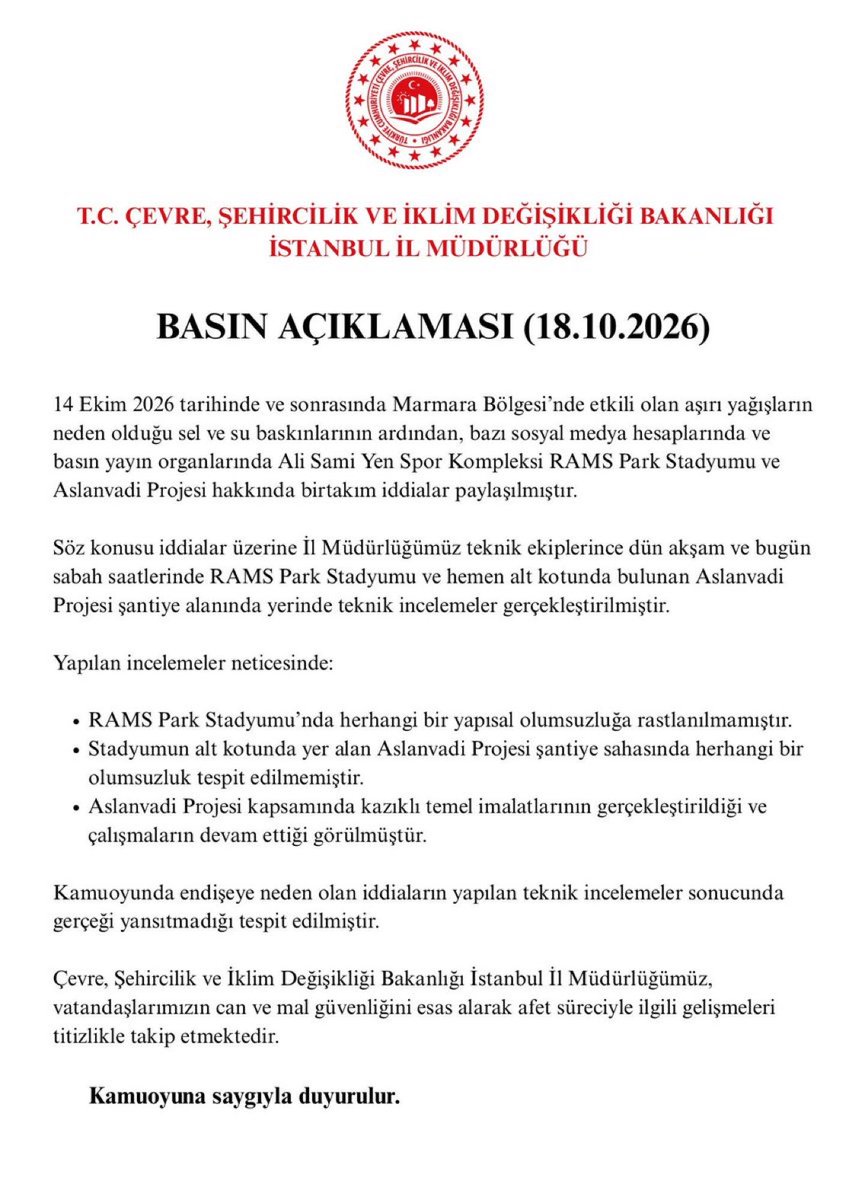 Pointertr's tweet photo. Çevre ve Şehircilik Bakanlığı, RAMS Park'ta herhangi bir yapısal bozukluğa rastlanmadığını açıkladı. https://t.co/NLsO45abWK