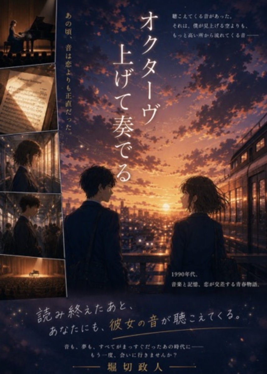 horikiri1979's tweet photo. #小説『オクターヴ上げて奏でる』

👇『読み終えたあと、あなたにも
　　　　　　　彼女の音が聴こえてくる』
https://t.co/f8B3lxj37z

ある日突然、聴こえてくる音があった。

それは僕が見上げる空よりも
もっと高い所から流れてくる音――

なんて、そんなことを思ったのは、
きっと彼女に出会ったからだ――

天才ピアニストとの出会いから始まる
少し不器用な青春の物語

#Kindle   #青春小説　 #平成レトロ