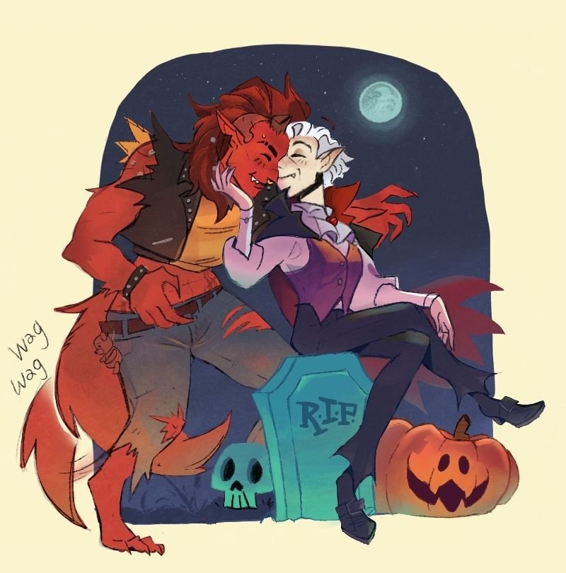 sparkl3Muffin__'s tweet photo. Werewolf Karlach x Vampire Astarion for spooky season!

#bg3 #baldursgate3 #hellspawn https://t.co/wbt7C4x0QY