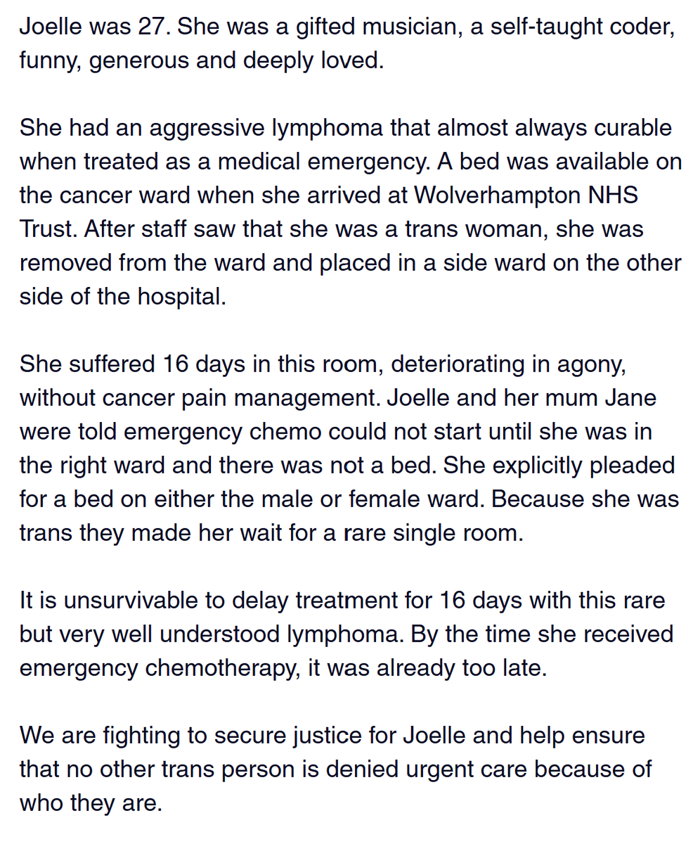 MxVivianWulf's tweet photo. This is murder. This is a murder that was partaken in by the entire political establishment and the NHS. It is a murder of a person for no other reason than simply because she was trans.

Nobody will go to jail. Nobody will suffer any consequences. But they all murdered Joelle. https://t.co/RMlM5MgPhT