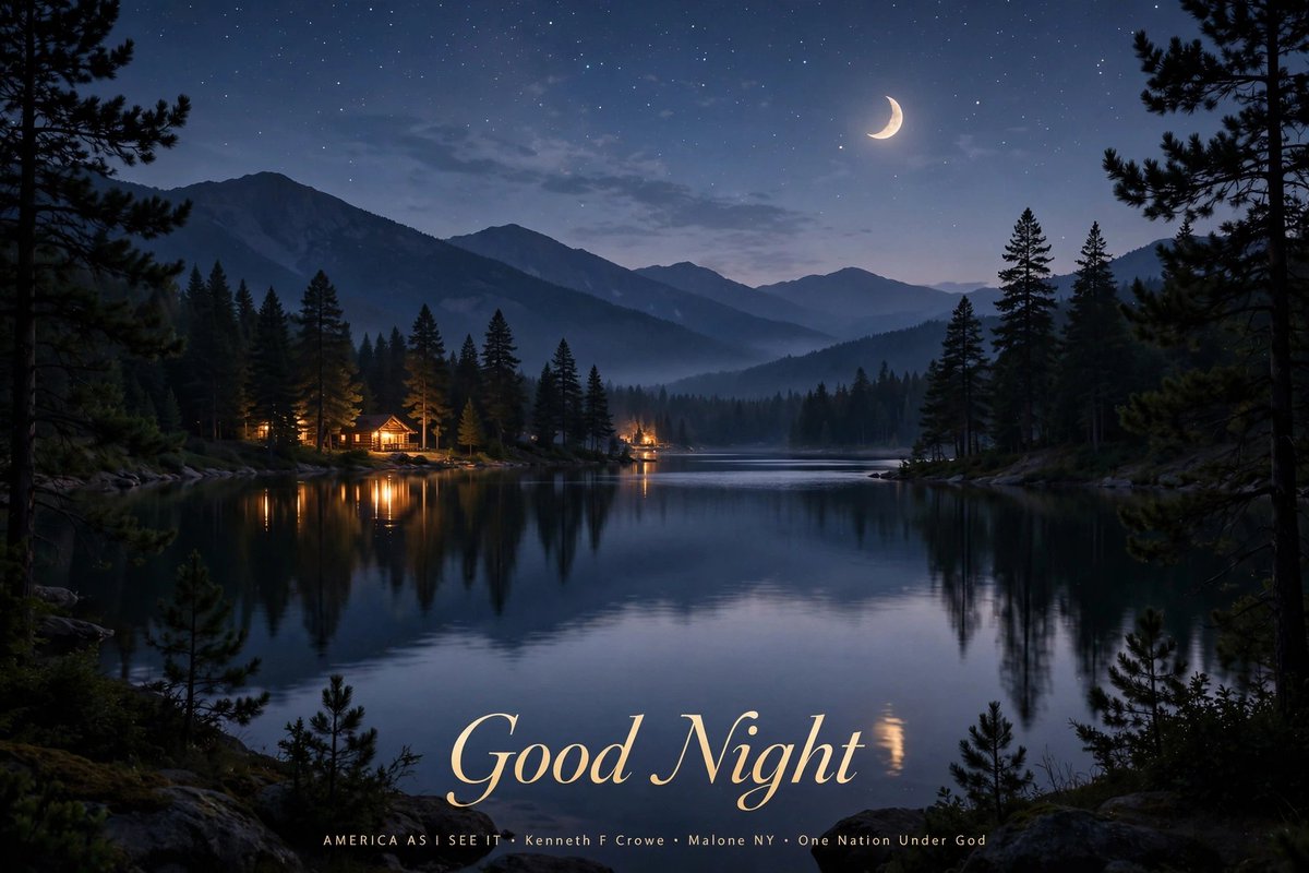 KennethFCrowe1's tweet photo. Good Night from Malone, NY 🌙
Stars out over the lake, cabins warm, God watching over.
Rest well, America.
AMERICA AS I SEE IT • Kenneth F Crowe
#GoodNight #MaloneNY #Adirondacks #AmericaAsISeeIt https://t.co/7heSkBJ8lJ