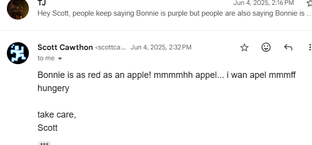 tjxz_z's tweet photo. Scott Cawthon himself LITERALLY emailed me and told me Bonnie is red. The debate is over. https://t.co/MO5Zfj9tK4