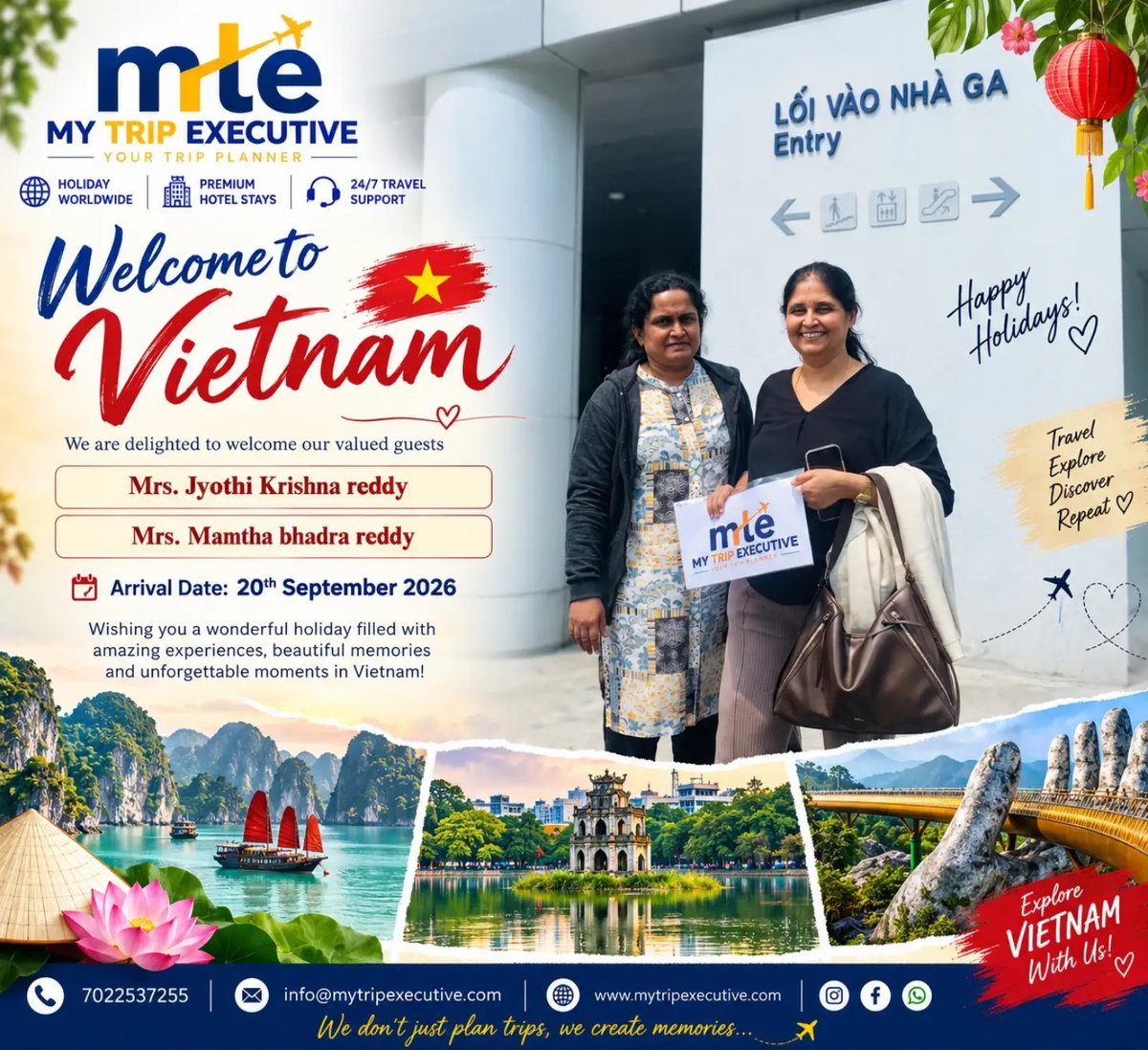 naninhamodel's tweet photo. Welcome to Vietnam, Mrs. Jyothi Krishna Reddy and Mrs. Mamtha Bhadra Reddy. Arriving 20 September 2026, may your journey from Ha Long Bay to Hanoi be filled with unforgettable experiences and lasting memories. https://t.co/jFowx6j4WK