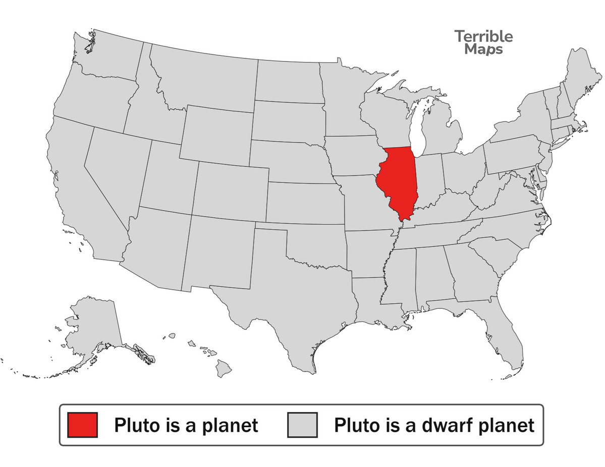 TerribleMaps's tweet photo. US states where Pluto is still a planet https://t.co/MnfDYSwR5d