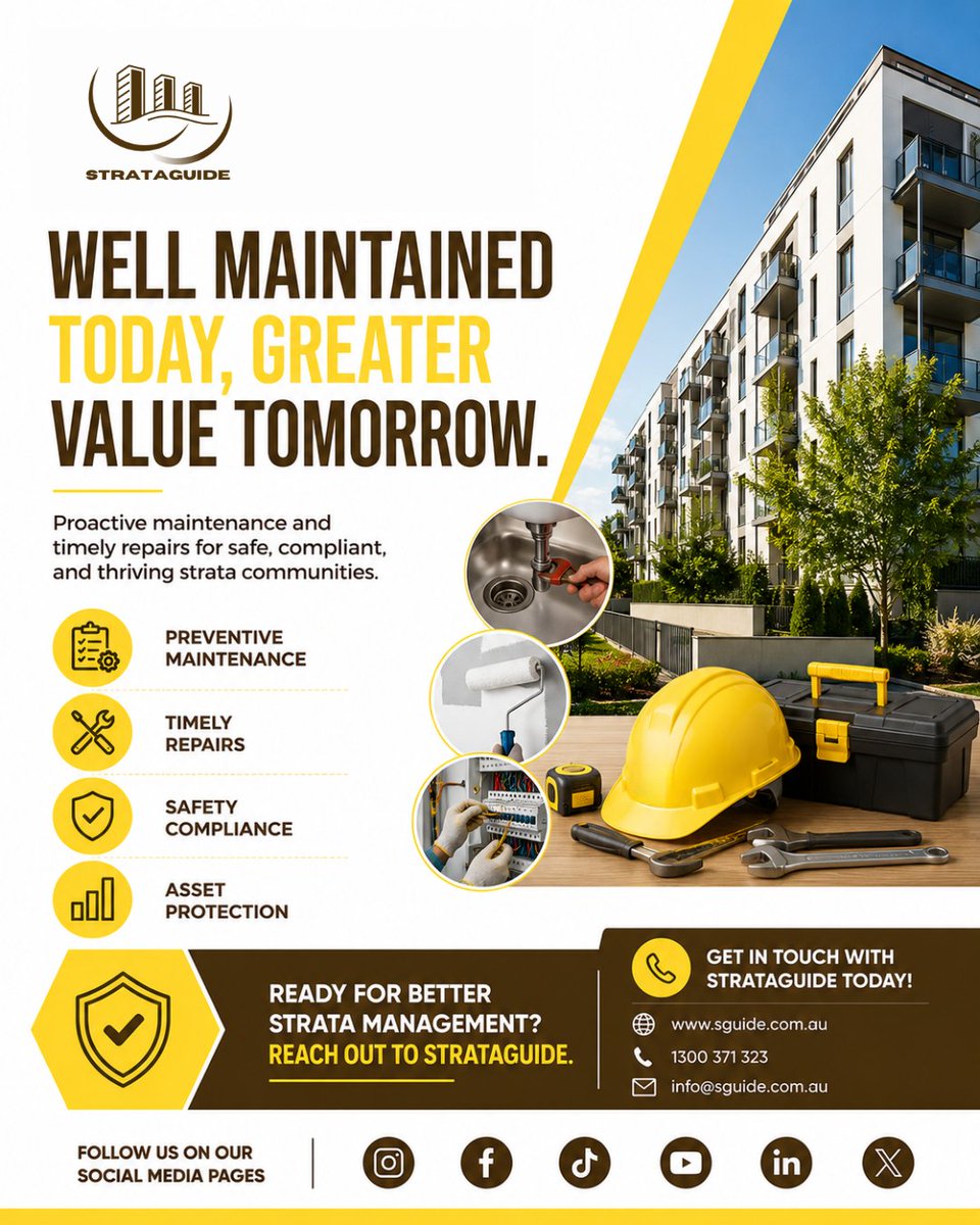StrataGuide's tweet photo. Well-maintained properties create safer, more valuable, and more enjoyable strata communities. 
#StrataGuide #PropertyMaintenance #BuildingRepairs https://t.co/e8gxSUwcbb