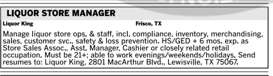 JobsNowPR's tweet photo. Crucial high tech job no American could do found in last week's Dallas Morning News:
Liquor store manager in Frisco Texas!
Must have GED and 6 months experience as a liquor store cashier!

Paper mail apps only of course https://t.co/LK5VLPsdvd