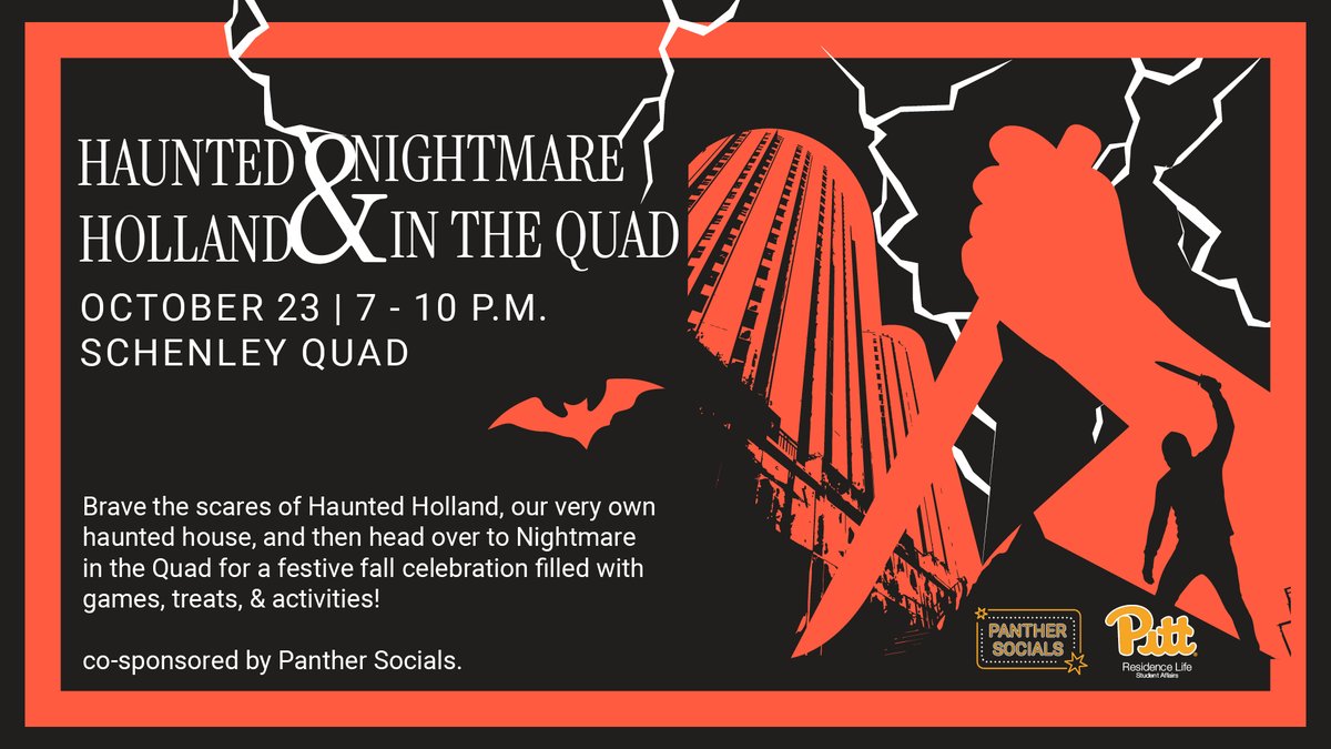 PittStudents's tweet photo. Up for a frighteningly good time? 👻 🎃 Head to Schenley Quad on October 23 at 7 p.m. for Halloween activities and treats! #h2p #pittnow https://t.co/XOh38cyKMb