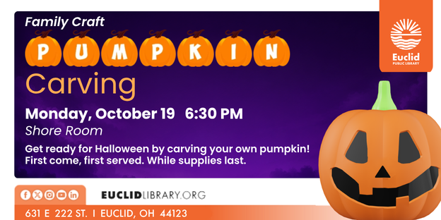EuclidLibrary's tweet photo. Get ready for Halloween at EPL. Families are invited to come on October 19 at 6:30 pm to carve a pumpkin. First come, first serve. While supplies last. For families.
#OurEuclid #Halloween #pumpkins https://t.co/dMZBDQTyv5