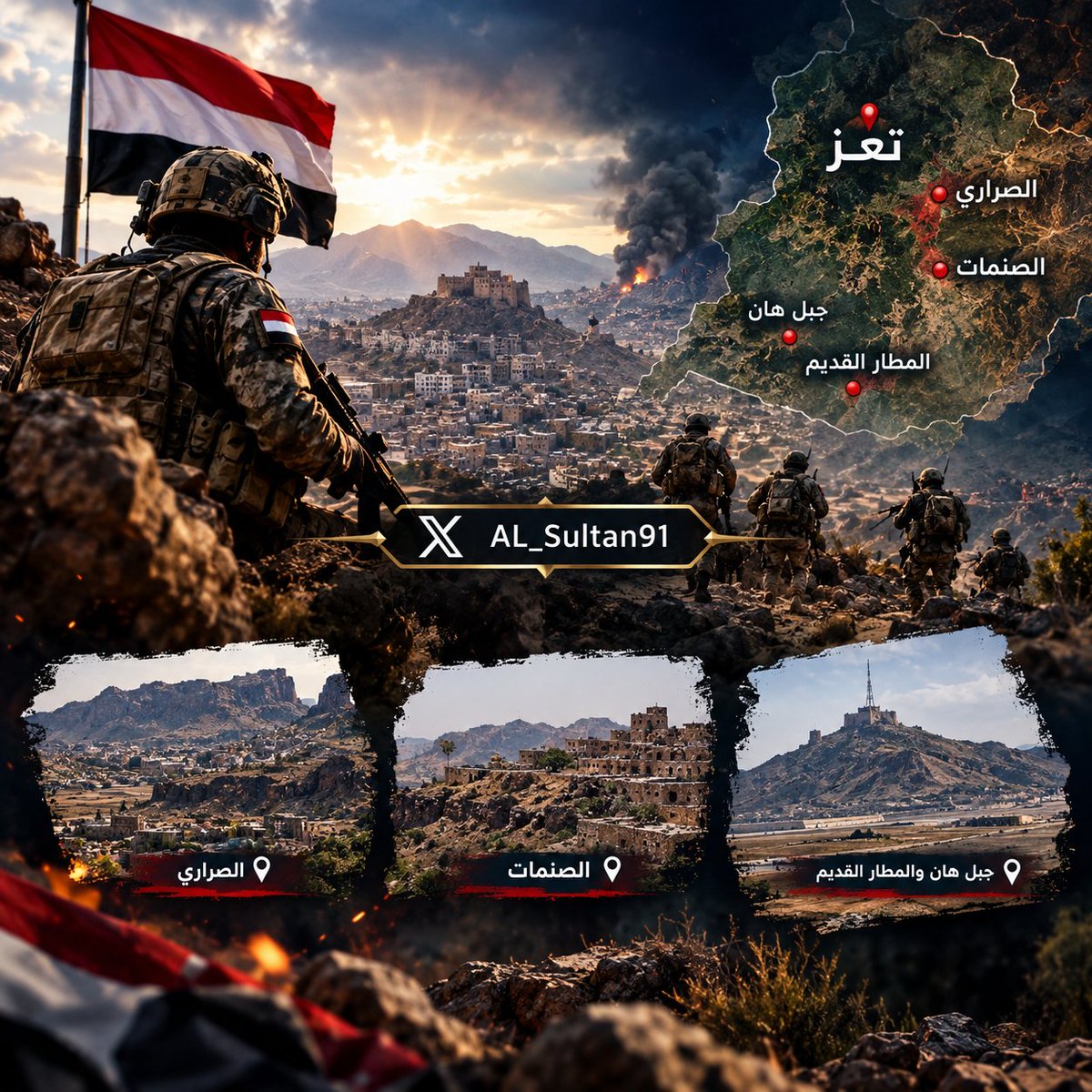 AL_Sultan91's tweet photo. 🔴 خلاصة التقدم خلال 24 ساعة |

تعز |

القوات الحكومية تتصدى لهجوم حوثي ثم تهجم لتستعيد مواقع واسعة في منطقة الصراري في مديرية صبر الموادم، وتحرر ايضا منطقة الصنمات في مديرية المسراخ.

صد هجمات واسعة لمليشيا الحوثي مع الاحتفاظ بمواقع رئيسية بمحاور جبل هان والمطار القديم.

يتبع... https://t.co/RWZdHqkJ1C
