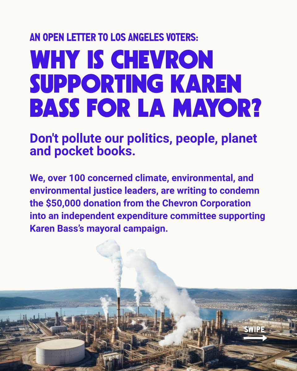 nithyavraman's tweet photo. Over 100 environmental leaders have signed an open letter denouncing Chevron’s support for Karen Bass and condemning Big Oil’s attempt to influence Los Angeles elections.

It’s no surprise that one of the biggest polluters in LA County is supporting my opponent. Every local environmental organization has endorsed my campaign. As mayor, I’ll focus on climate resilience and emergency preparedness, expand park space, plant 100,000 trees before the Olympics, ban oil drilling within City limits, reduce dependence on imported water, and improve air quality.

Read all the signed names at https://t.co/dRp5h7HbeV