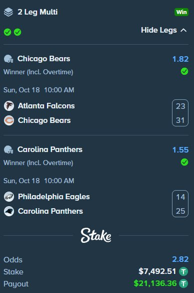 TactBets's tweet photo. I MIGHT BE THE BEST NFL BETTOR ON TWITTER RIGHT NOW! 🔥🏈

Another HUGE Football Parlay Win! 🤑

💸 I'm Giving Away $500 To Celebrate!! 💸 

➡️ Follow &amp; Retweet! 
➡️ Comment your Stake username! 
➡️ Tag a friend!

AS ALWAYS, USE CODE TACT FOR EXTRA LUCK 🍀 https://t.co/8dh8s6KPzU